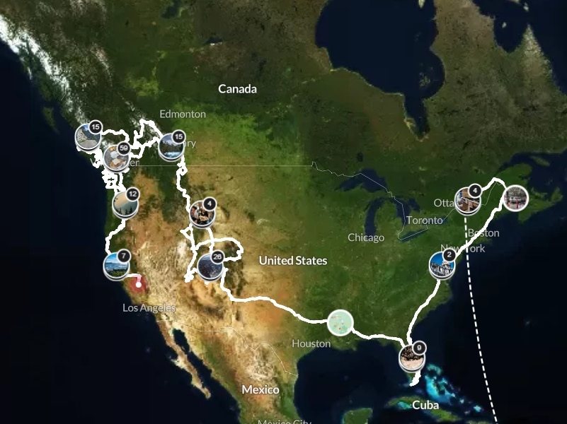 map of travels through us and canada as tourists