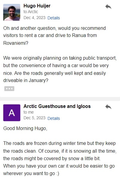 email contact with finnish locals about driving conditions