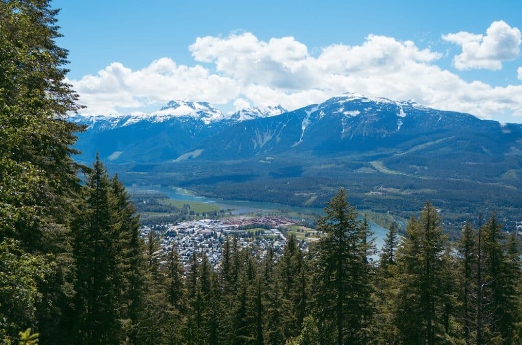 view over revelstoke on our way up to mount revelstoke national park